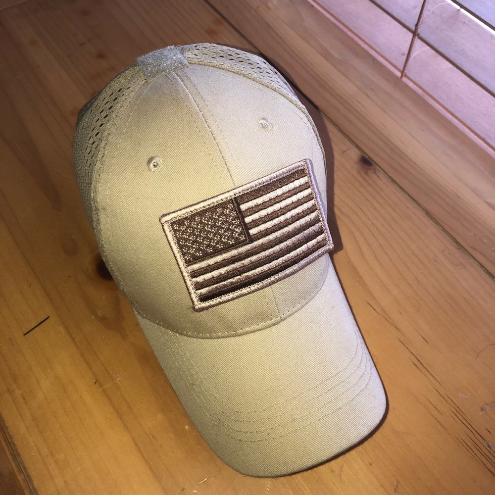 Tan Mesh back Velcro American Flag Hat